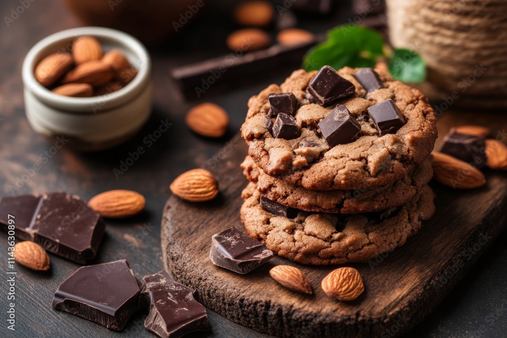 Chocolate Almond Cookies Stacked on Wooden Board Chocolate Almond Cookies Stacked on Wooden Board