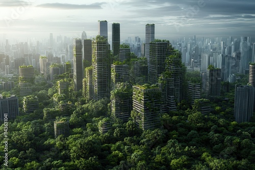 A futuristic cityscape where green buildings blend with nature, showcasing urban sustainability amidst dense vegetation.