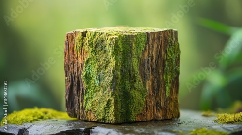 Old mossy tree stump weathered wood texture, forest floor photo