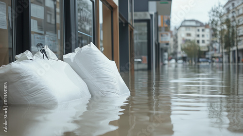 Flooded City Street: Sandba...