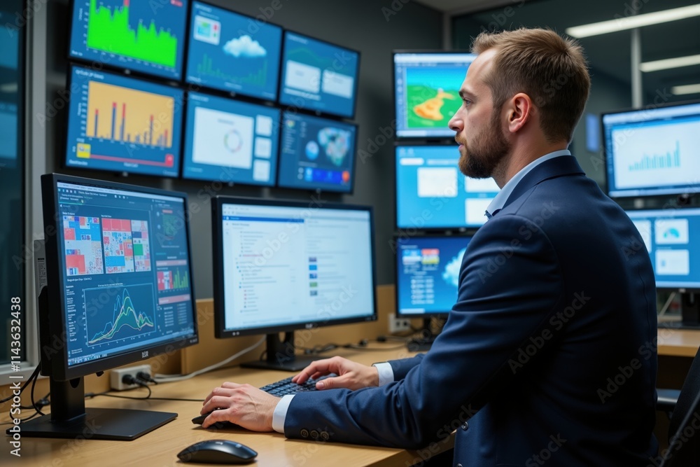 Financial analyst monitoring market data on multiple screens in modern office setting. Financial analyst monitoring market data on multiple screens in modern office setting.