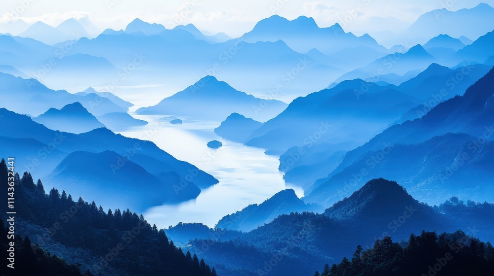Serene mountain landscape layered blue mountains misty valleys Serene mountain landscape layered blue mountains misty valleys