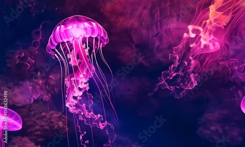 Vibrant digital artwork of jellyfish with vivid, abstract background in pink and purple hues photo