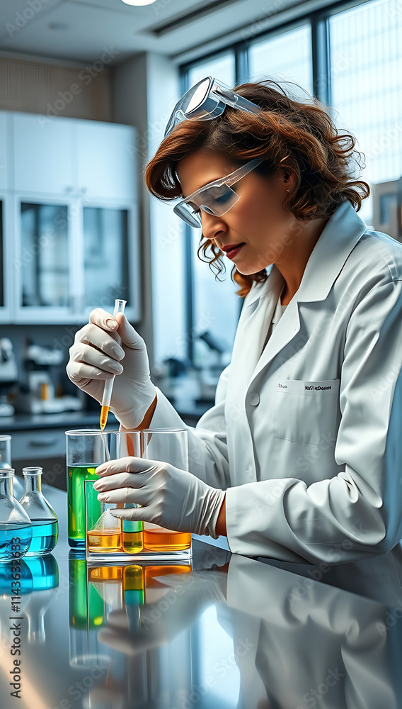 “Scientist Conducting Experiment in a Laboratory” – A scientist wearing a lab coat and safety goggles working with test tubes and chemicals in a modern laboratory.
“Scientist Conducting Experiment in a Laboratory” – A scientist wearing a lab coat and safety goggles working with test tubes and chemicals in a modern laboratory.