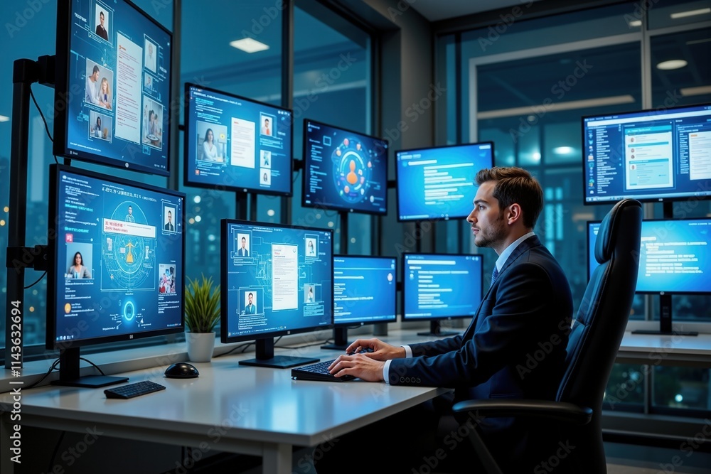 Cybersecurity professional monitoring network data in high-tech command center. Cybersecurity professional monitoring network data in high-tech command center.