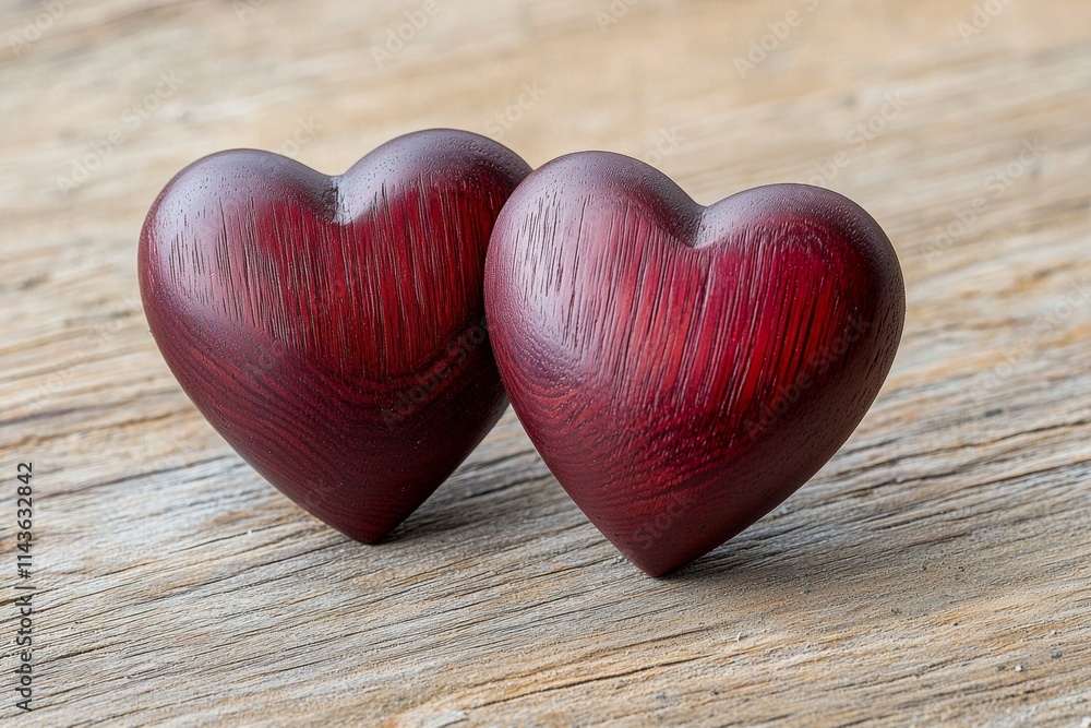 Two wooden hearts are on a wooden surface Two wooden hearts are on a wooden surface