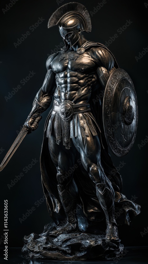 Fototapeta premium Life-size bronze statue of Ares, the god of war, showcasing impressive armor and weaponry in an artistic display
