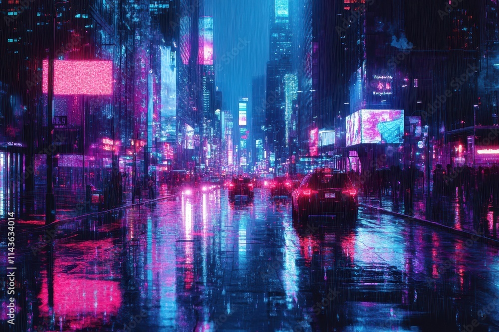 Obraz premium Cyberpunk City Street at Night with Rain and Neon Lights