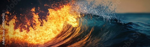 Captivating double exposure of a crashing wave blending with fiery flames at sunset on the ocean shore photo