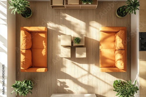 Top down view minimalist living room two orange sofas photo