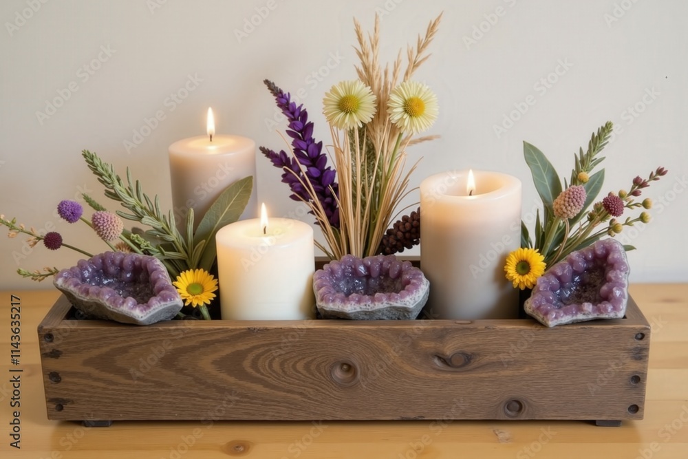 Rustic candle display with amethyst geodes and wildflowers in wooden box. Rustic candle display with amethyst geodes and wildflowers in wooden box.