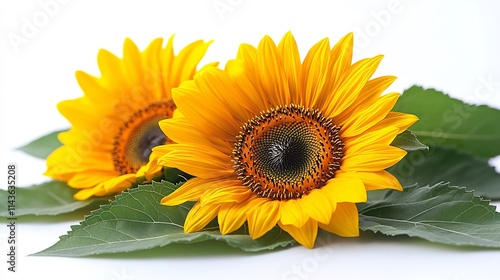 Wallpaper Mural Bright yellow sunflower with green leaves isolated on a white background cheerful and fresh design Torontodigital.ca