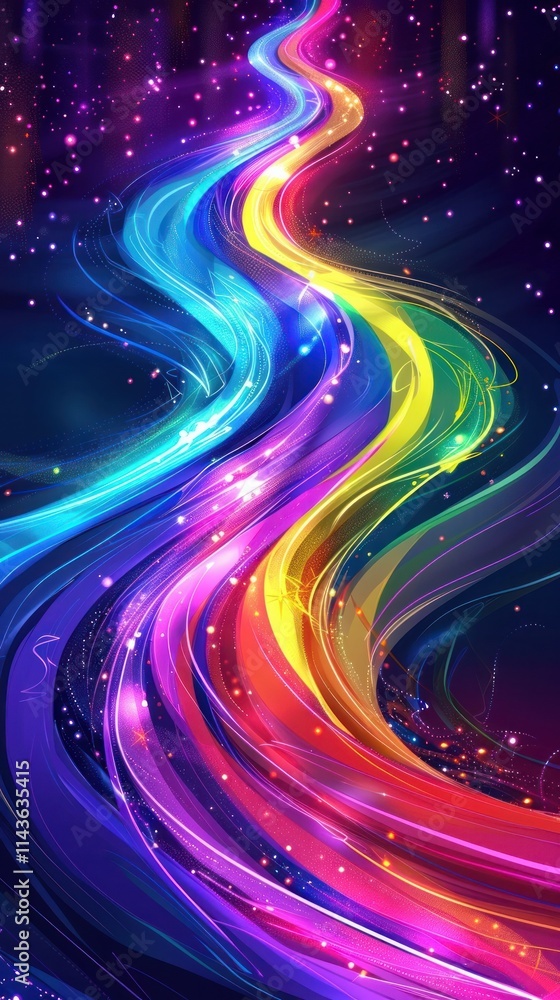 Obraz premium Captivating abstract art with mesmerizing swirls of vibrant iridescent color and light dancing through a dreamlike futuristic cosmic landscape This visually stunning