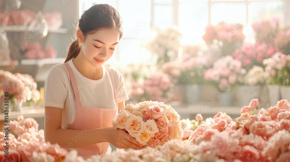 Smiling florist in a pink apron arranging roses in a bright flower shop filled with soft morning light Smiling florist in a pink apron arranging roses in a bright flower shop filled with soft morning light