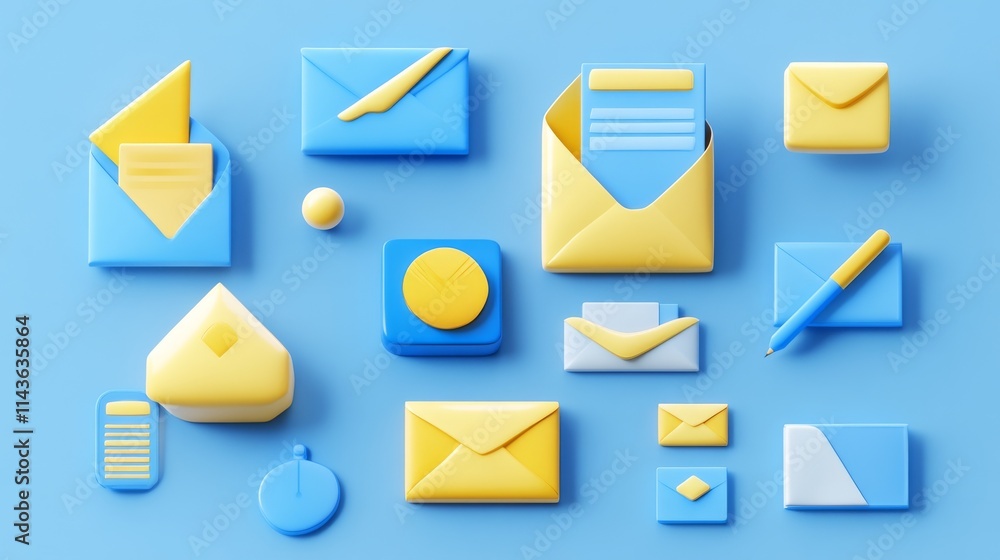 24.Playful 3D cartoon icons of blue and yellow envelopes in various states, including open and closed, with additional elements like message notifications and documents, designed with bold colors and 24.Playful 3D cartoon icons of blue and yellow envelopes in various states, including open and closed, with additional elements like message notifications and documents, designed with bold colors and