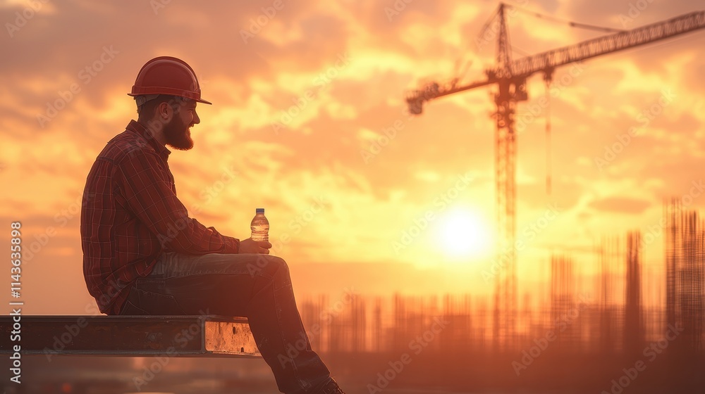 Fototapeta premium Construction worker in a red hard hat sitting on steel beam with a water bottle during sunset with crane in background