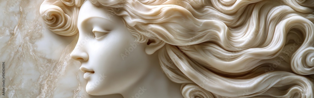 Detailed close-up of a stunning marble relief showcasing a graceful figure with flowing hair and delicate features Detailed close-up of a stunning marble relief showcasing a graceful figure with flowing hair and delicate features