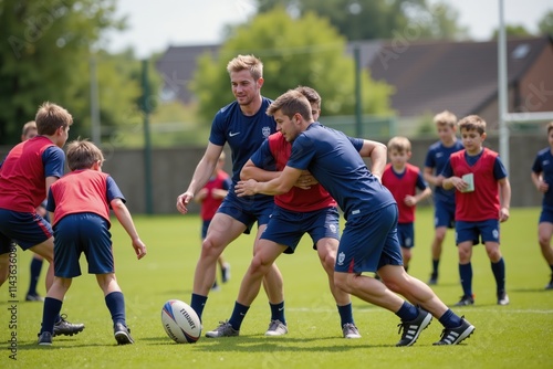 Teenagers playing rugby on a sunny day at an outdoor sports field.