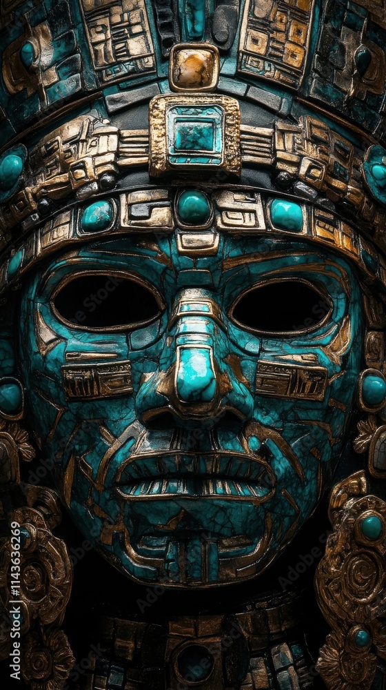Obraz premium Ceremonial Aztec mask with intricate turquoise design and ornate details