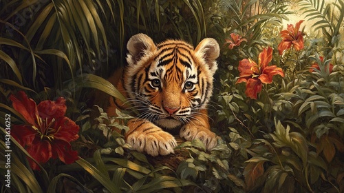 Adorable tiger cub peeking from lush foliage.