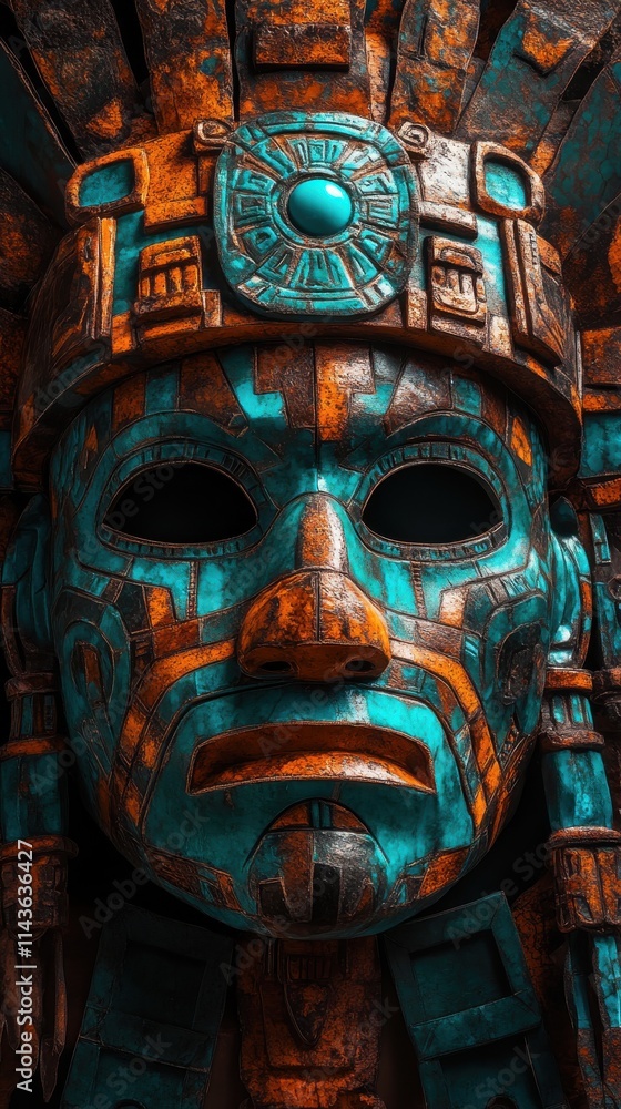 Detailed close-up of a ceremonial Aztec mask showcasing intricate designs and vibrant colors Detailed close-up of a ceremonial Aztec mask showcasing intricate designs and vibrant colors