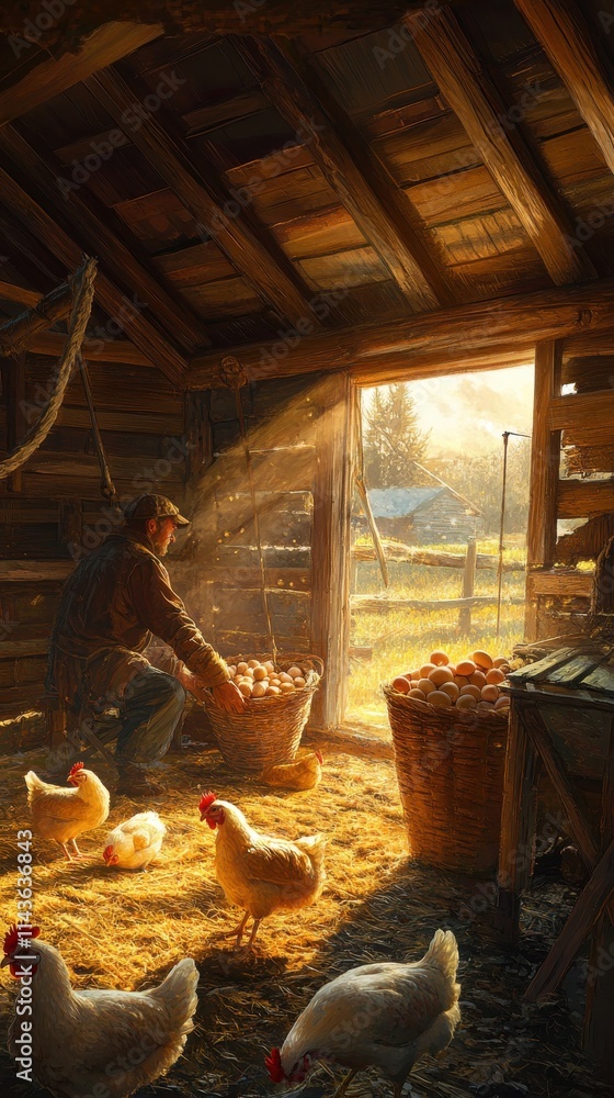 Busy morning in a chicken coop with farmer gathering fresh eggs at sunrise Busy morning in a chicken coop with farmer gathering fresh eggs at sunrise