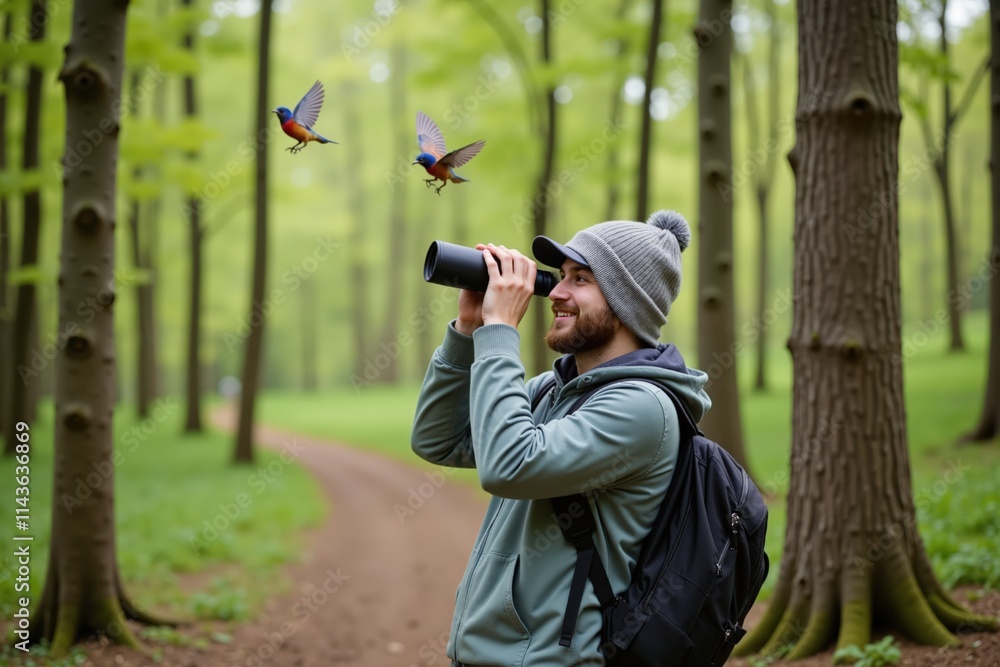 Man birdwatching in forest with binoculars and watching blue birds flying. Man birdwatching in forest with binoculars and watching blue birds flying.