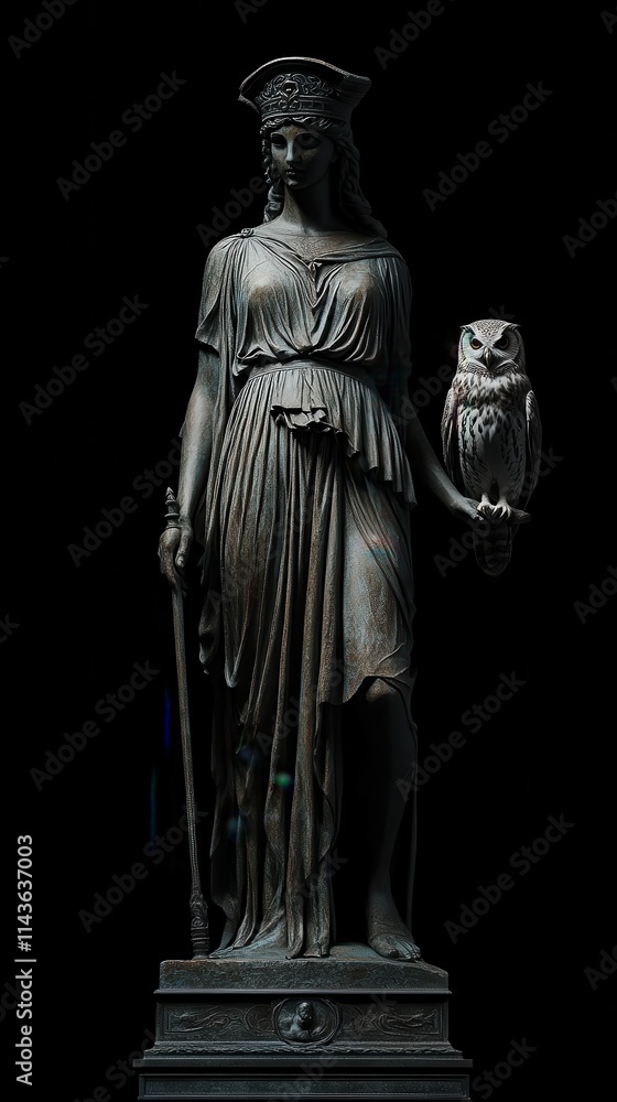 Bronze statue of Athena holding an owl with intricate details and historical significance displayed against a dark background Bronze statue of Athena holding an owl with intricate details and historical significance displayed against a dark background