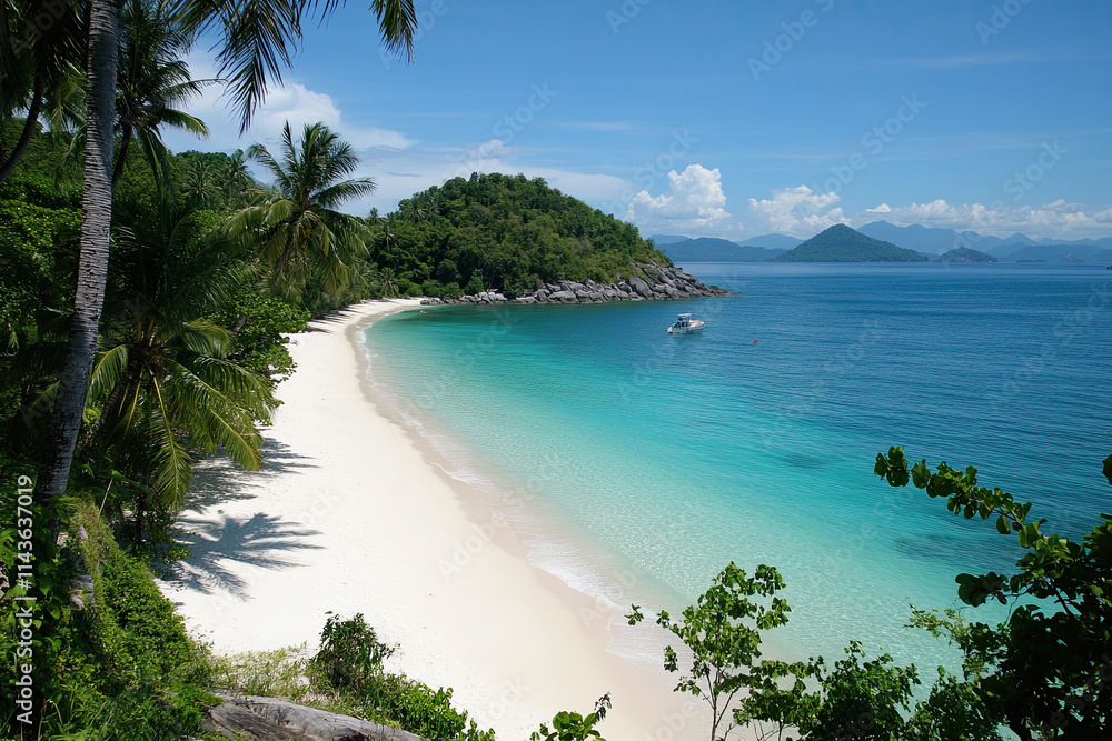 Tropical beach with white sand, turquoise waters, and palm trees swaying in the breeze Tropical beach with white sand, turquoise waters, and palm trees swaying in the breeze