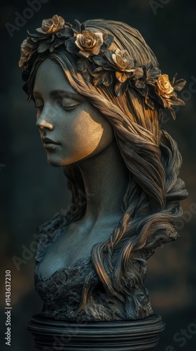 Beautifully carved bust of Persephone displaying exquisite detail and lifelike features in a serene setting