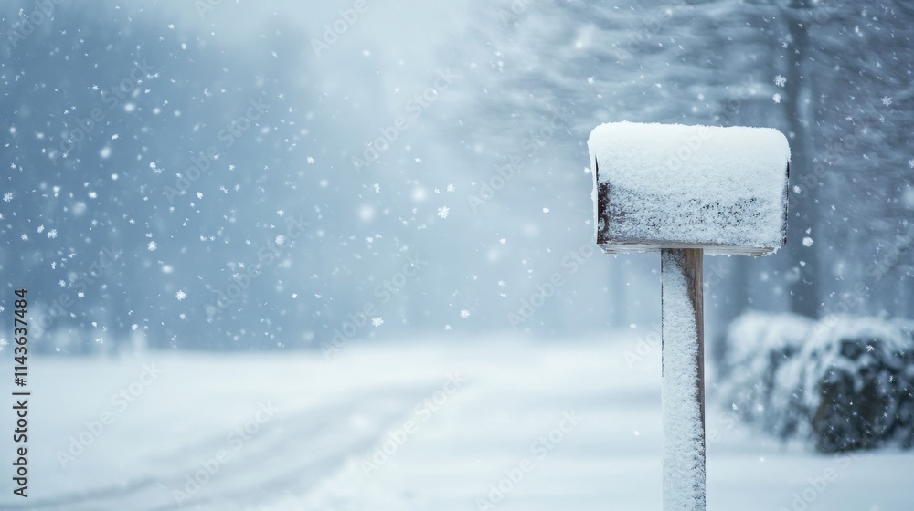 Fototapeta premium 41.A lonely rural mailbox covered in a thick layer of fresh snow, standing against a wintry landscape during a snowstorm, with snowflakes gently falling and accumulating on the top and around the