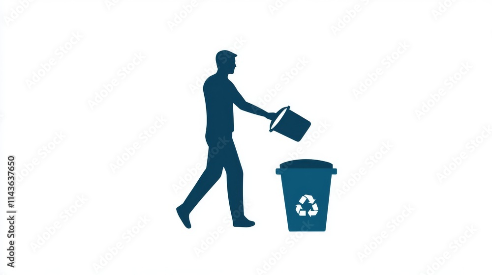 53.Modern minimalist icon showing a man’s silhouette in action, tossing a rounded trash can towards a designated waste bin, all on a plain white backdrop. The figure is angled forward to emphasize 53.Modern minimalist icon showing a man’s silhouette in action, tossing a rounded trash can towards a designated waste bin, all on a plain white backdrop. The figure is angled forward to emphasize