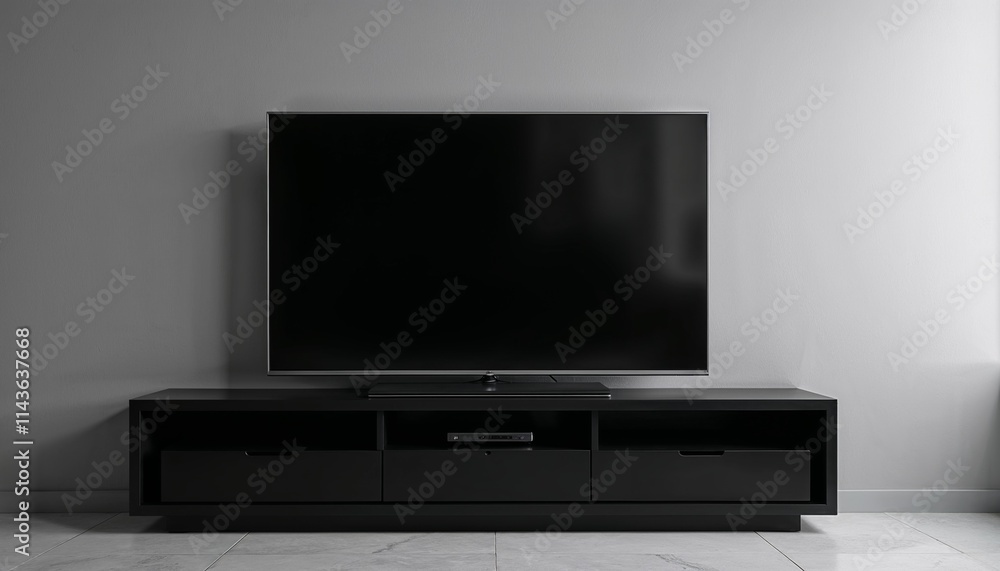 Flat-screen TV on black stand in gray room Flat-screen TV on black stand in gray room