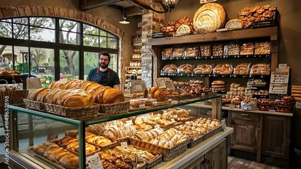 Freshly baked goods displayed in a cozy bakery with a smiling baker in a charming neighborhood Freshly baked goods displayed in a cozy bakery with a smiling baker in a charming neighborhood