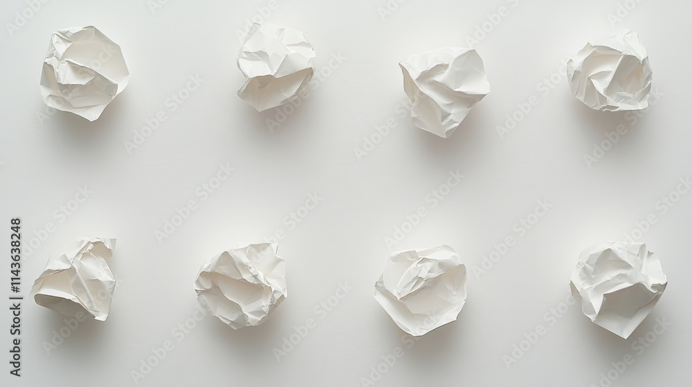 78.High-definition set of multiple crumpled paper balls positioned on a plain white surface, each piece showing a unique blend of creases and folds. The realistic textures are highlighted by soft 78.High-definition set of multiple crumpled paper balls positioned on a plain white surface, each piece showing a unique blend of creases and folds. The realistic textures are highlighted by soft
