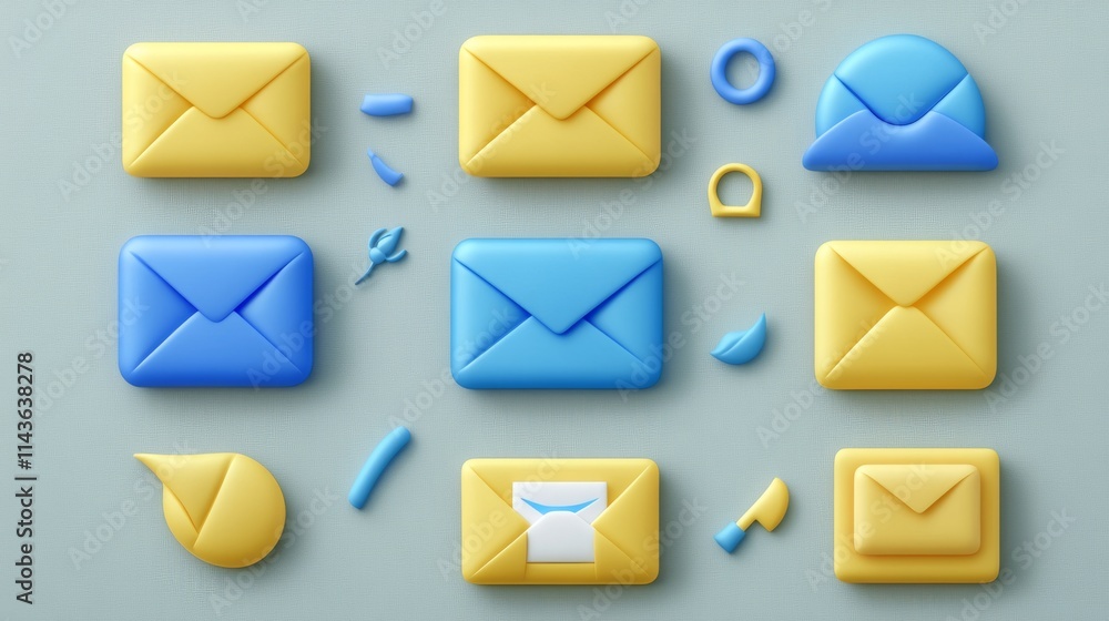25.A set of 3D vector icons showing blue and yellow envelopes, featuring options like mail notifications, document delivery, and email messages, each designed with rounded edges and subtle shading to 25.A set of 3D vector icons showing blue and yellow envelopes, featuring options like mail notifications, document delivery, and email messages, each designed with rounded edges and subtle shading to
