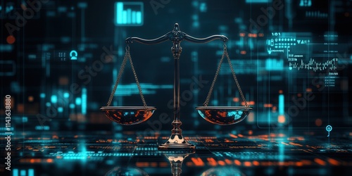 A digital representation of balanced scales symbolizes justice and law, set against a backdrop of glowing data and technological elements.