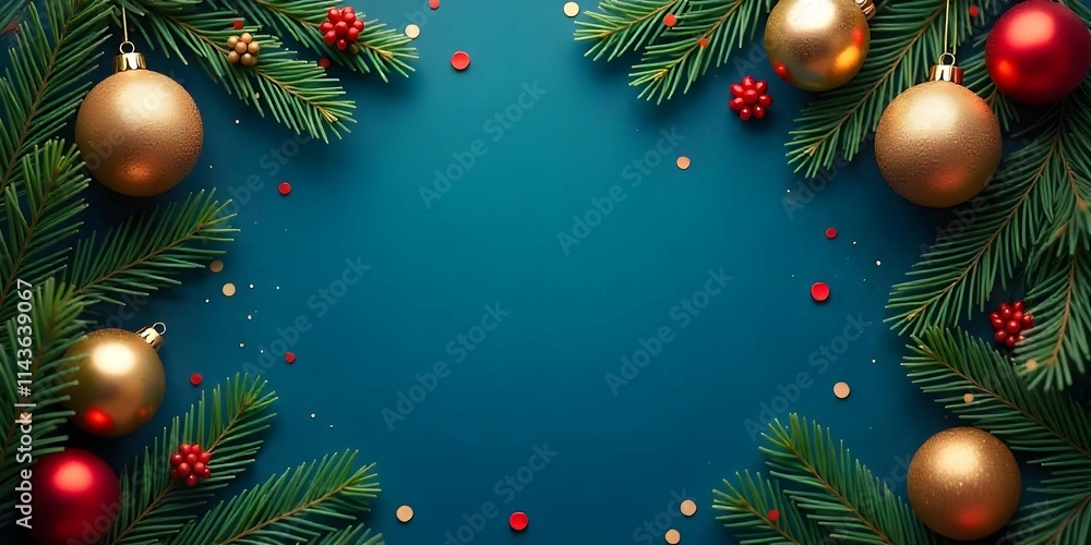 Christmas Festive card. Frame borders made of gold balls, twinkling lights, flat lay copy space, decorations, Luxury styleTop view dark blue background. Christmas Festive card. Frame borders made of gold balls, twinkling lights, flat lay copy space, decorations, Luxury styleTop view dark blue background.