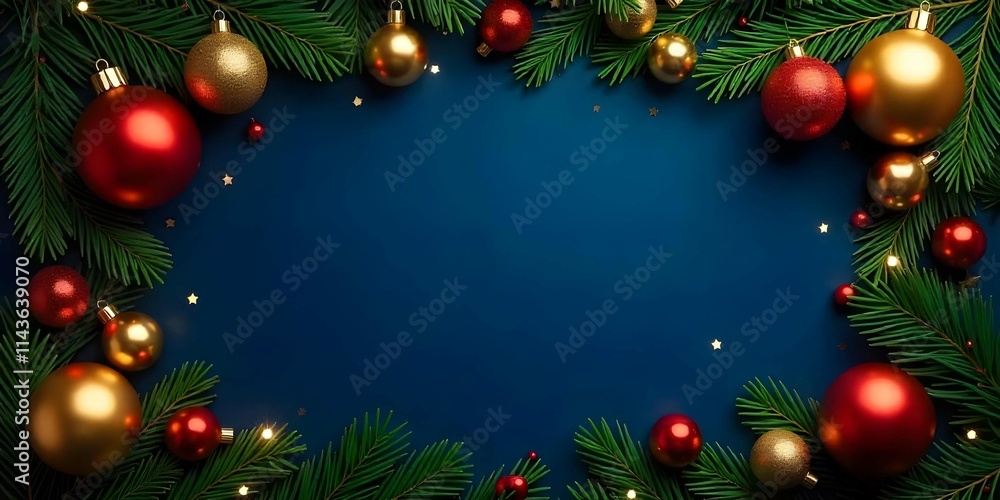 Naklejka premium Christmas Festive card. Frame borders made of gold balls, twinkling lights, flat lay copy space, decorations, Luxury styleTop view dark blue background.