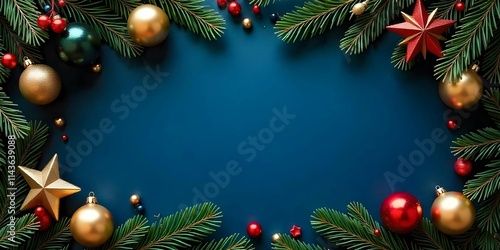 Christmas Festive card. Frame borders made of gold balls, twinkling lights, flat lay copy space, decorations, Luxury styleTop view dark blue background. photo