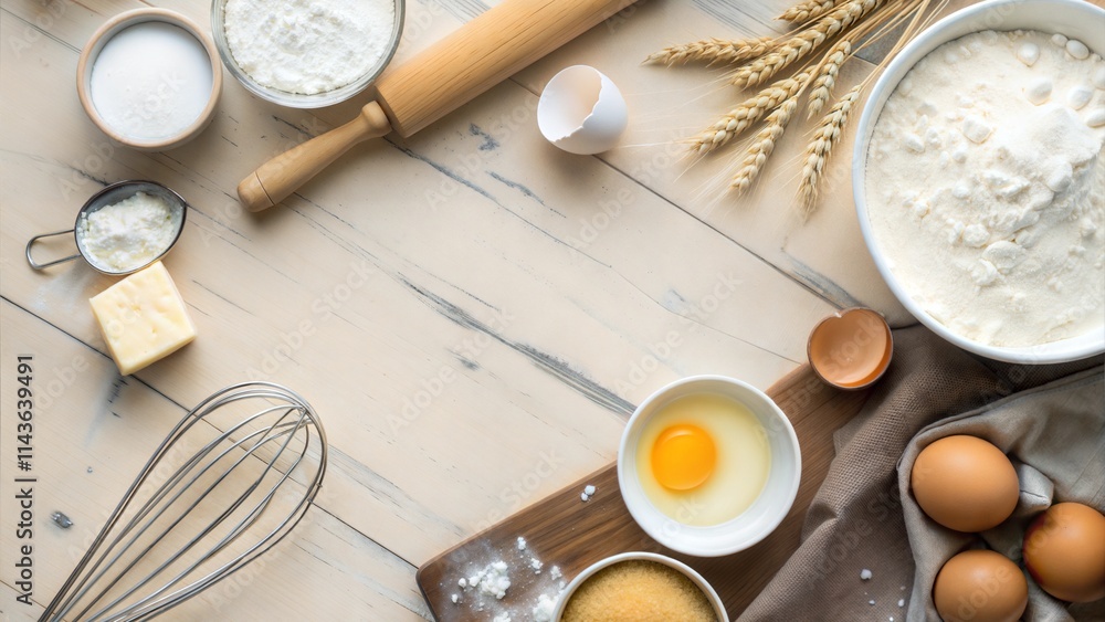 Lay flat top view kitchen ingredient bowl egg flour butter rolling pin measuring tool whisk marble countertop blank space text copy Lay flat top view kitchen ingredient bowl egg flour butter rolling pin measuring tool whisk marble countertop blank space text copy
