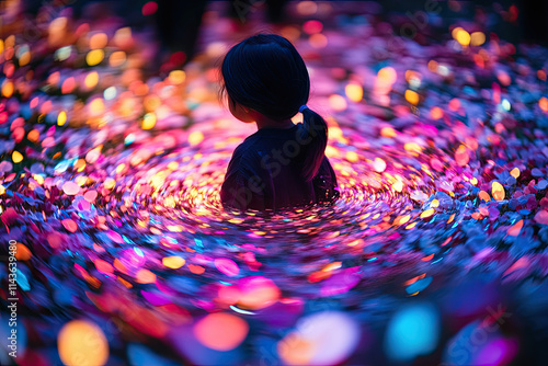 A little girl twirling in a field of flowers, with petals forming a glowing spiral photo