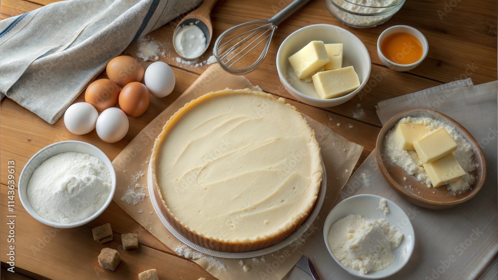 Lay flat top view kitchen ingredient bowl egg flour butter rolling pin measuring tool whisk marble countertop blank space text copy Lay flat top view kitchen ingredient bowl egg flour butter rolling pin measuring tool whisk marble countertop blank space text copy
