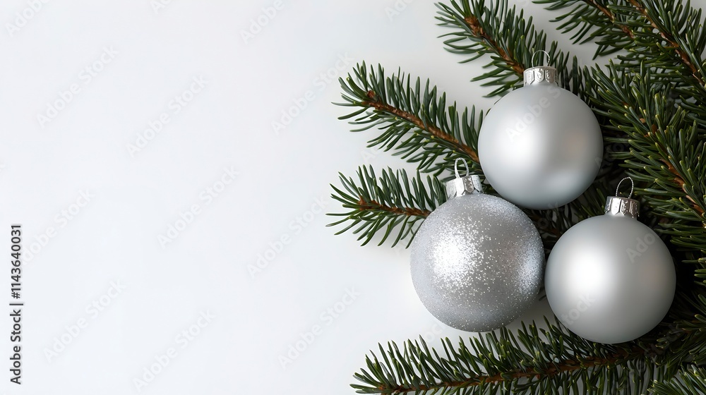 Silver Christmas Ornaments on Green Pine Branches Silver Christmas Ornaments on Green Pine Branches