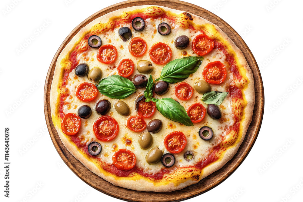 delicious pizza with tomato. cheese. olives. and basil on a wooden board delicious pizza with tomato. cheese. olives. and basil on a wooden board