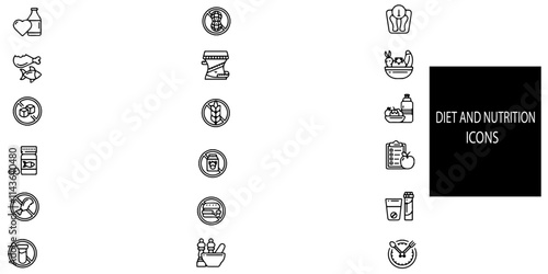 Diet nutrition simple concept 18 icons set. Contains such Healthy Food, Halal, Kosher, Vegan food. .Vector illustration.