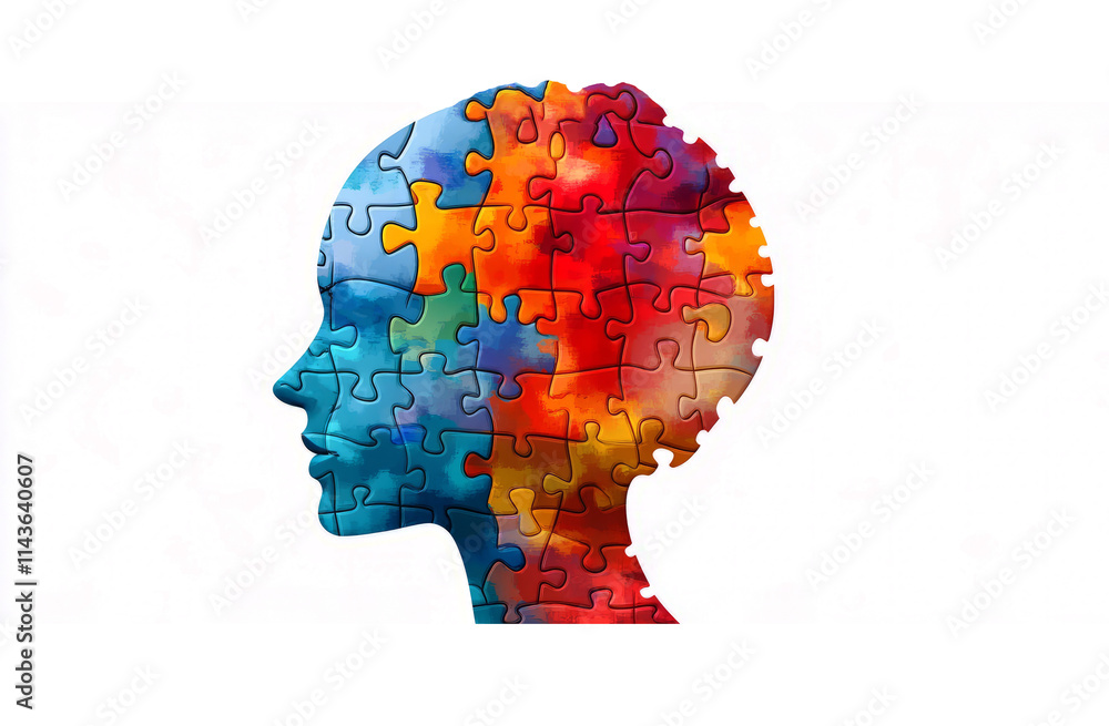 Beautiful, colorful human head profile made of puzzle pieces on a white background. style vector illustration Beautiful, colorful human head profile made of puzzle pieces on a white background. style vector illustration
