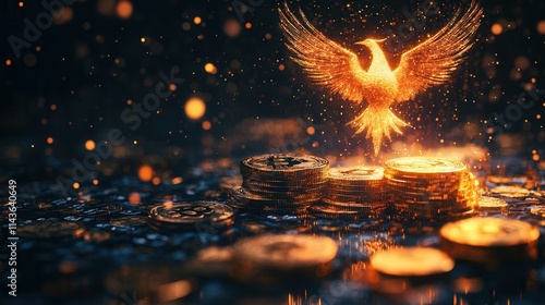 A glowing phoenix rises from a pile of gold coins, surrounded by shimmering particles, symbolizing rebirth and prosperity. photo