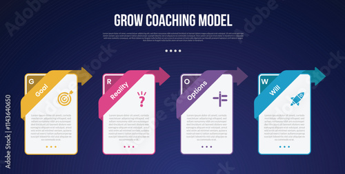 GROW Coaching Model infographic template with vertical box container with creative header on top position dark background style with 4 point for slide presentation