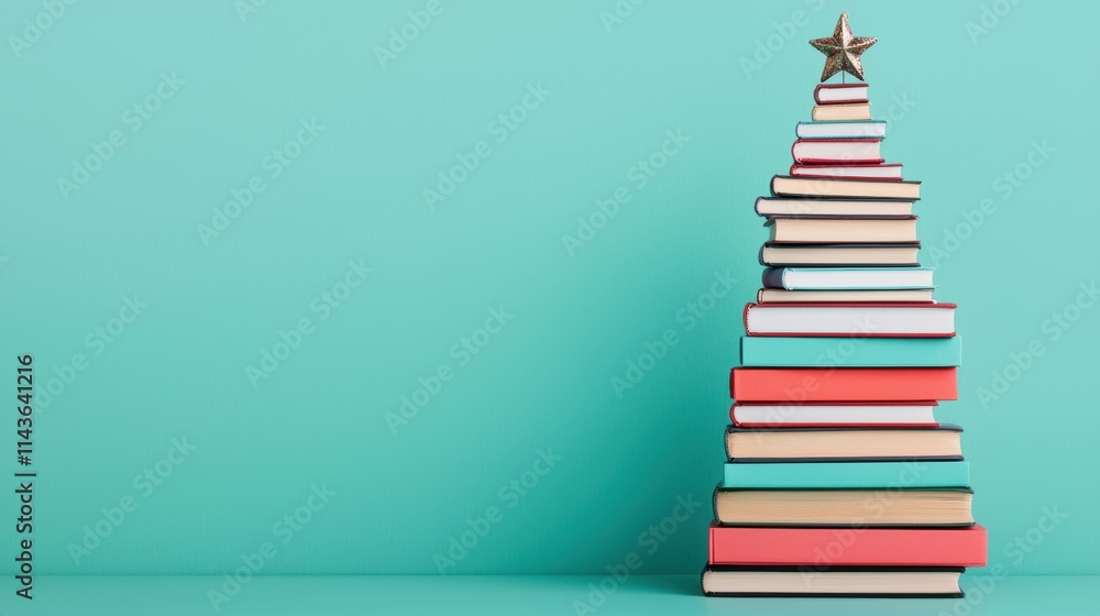 Unique christmas tree made of books pastel background holiday art Unique christmas tree made of books pastel background holiday art
